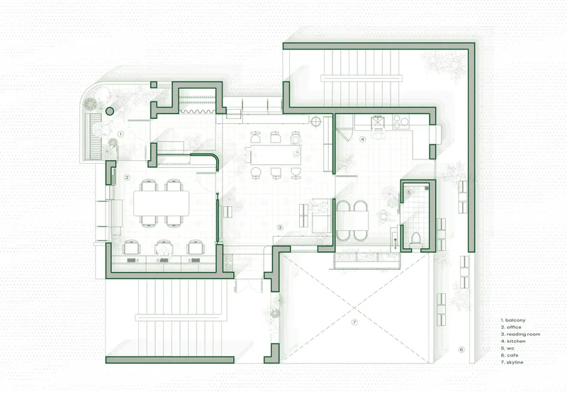 Floor plan drawing showing interconnected rooms with central dining area and diagonal skyline void