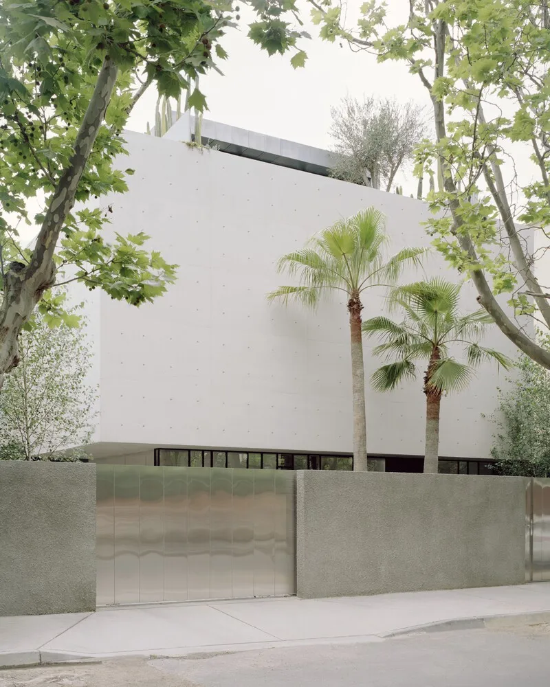 Street view of white plastered facade behind concrete perimeter wall with palms and sycamore trees