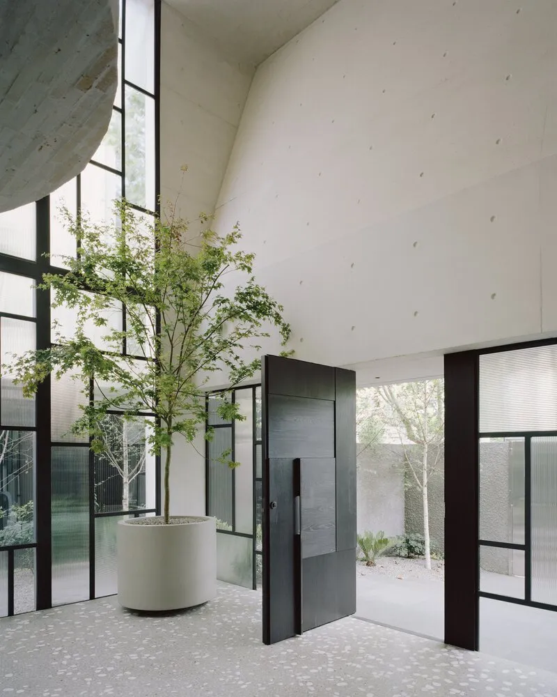 Double-height entry foyer with pivoting steel door and planted tree under glazed corner window