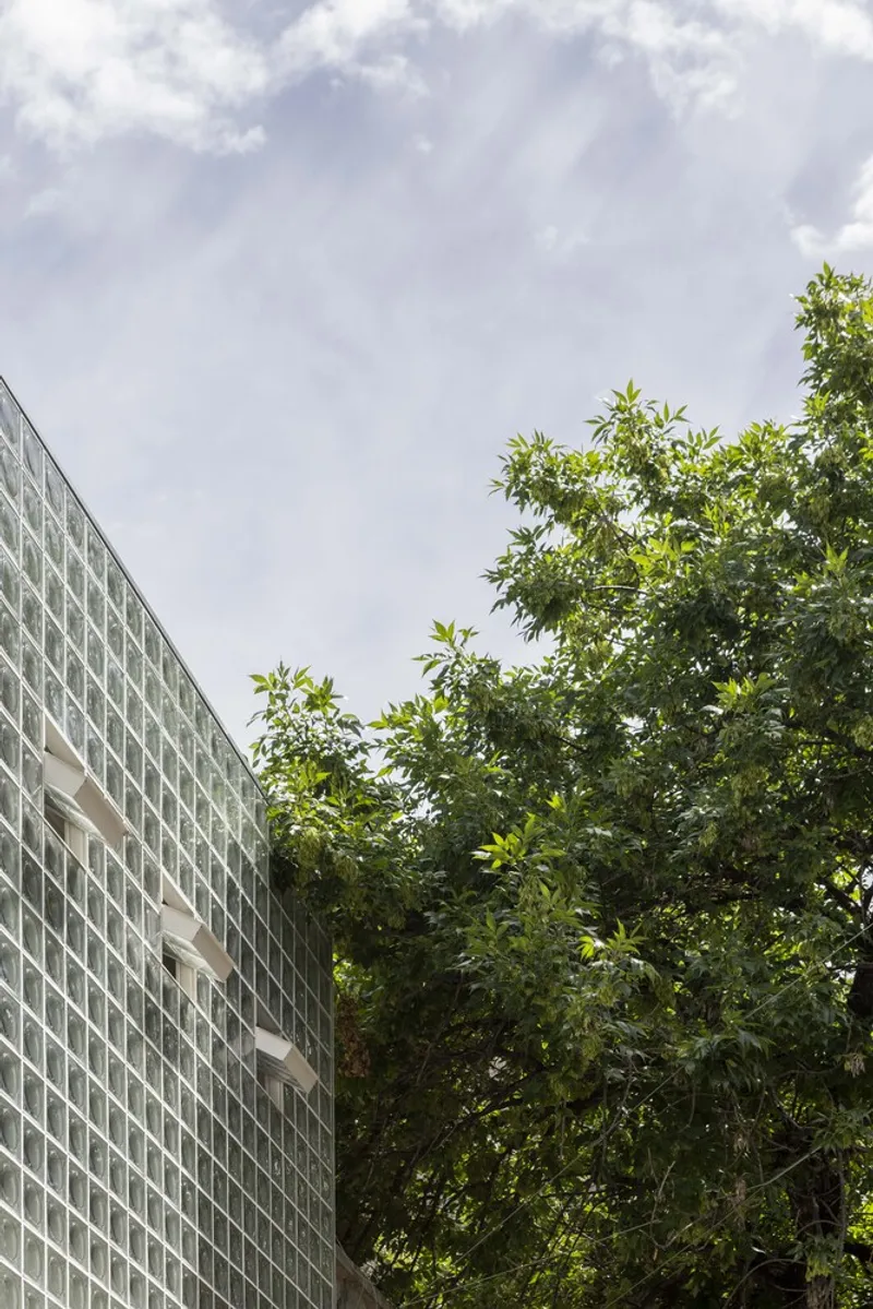 Glass block wall meeting leafy tree foliage under a partly cloudy afternoon sky