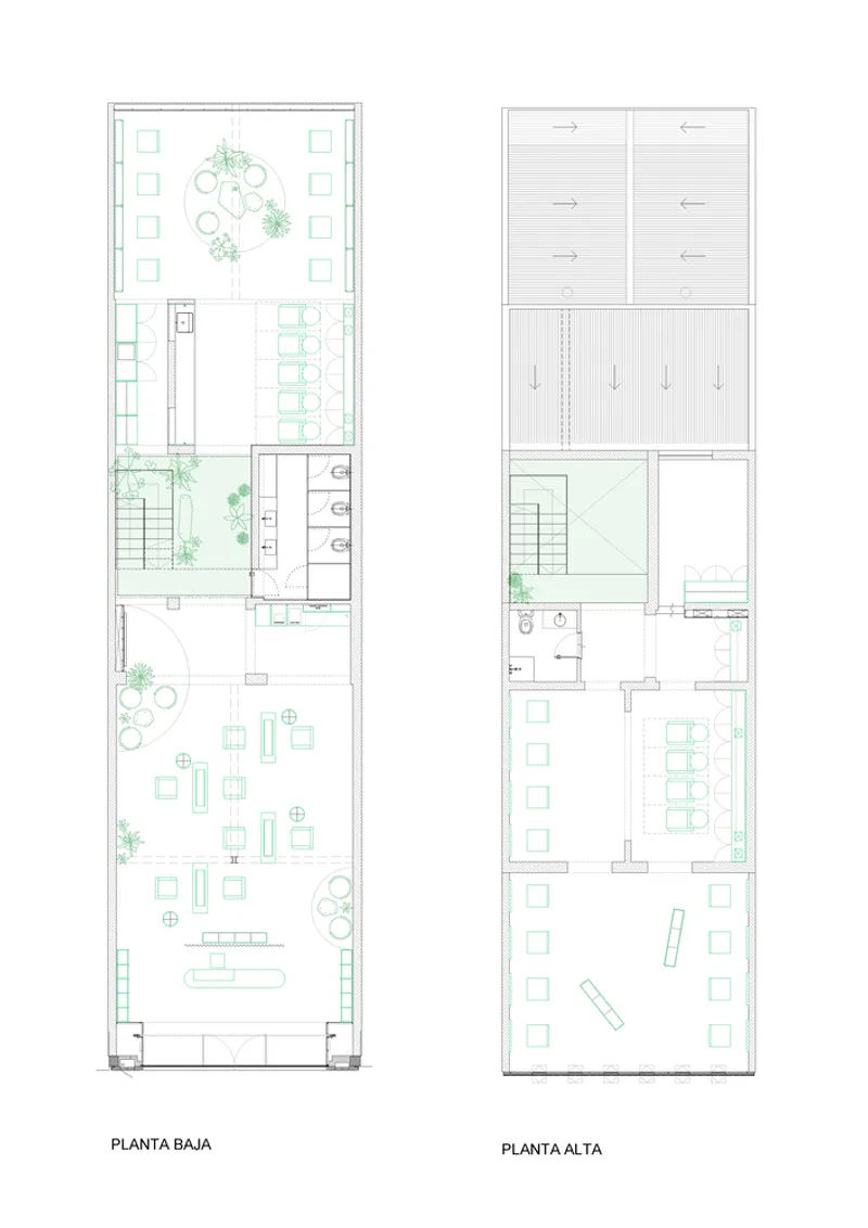 Floor plan drawings showing lower and upper levels with courtyard plantings and interior spaces