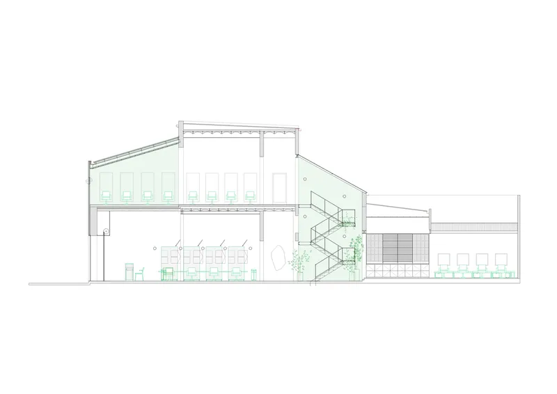 Section drawing revealing double-height dining space with central staircase and planted courtyard