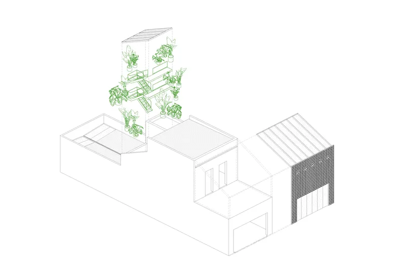 Axonometric drawing illustrating three volumes with planted vertical garden and perforated screen facade