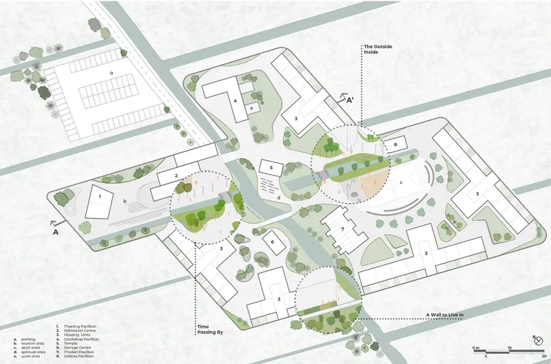 Site plan drawing showing building clusters arranged around courtyards with trees and landscaping along surrounding streets