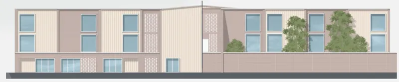 Elevation drawing showing two-story building with windows, vertical wood planks, and perforated brick panels with rooftop trees