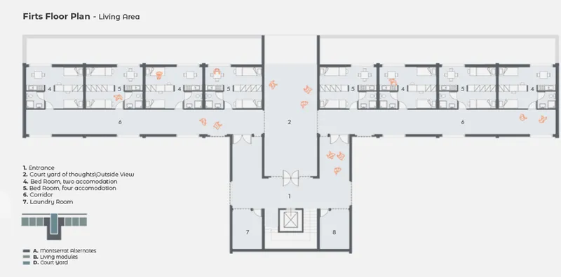 First floor plan drawing showing living units arranged in rows around central courtyard with entrance below