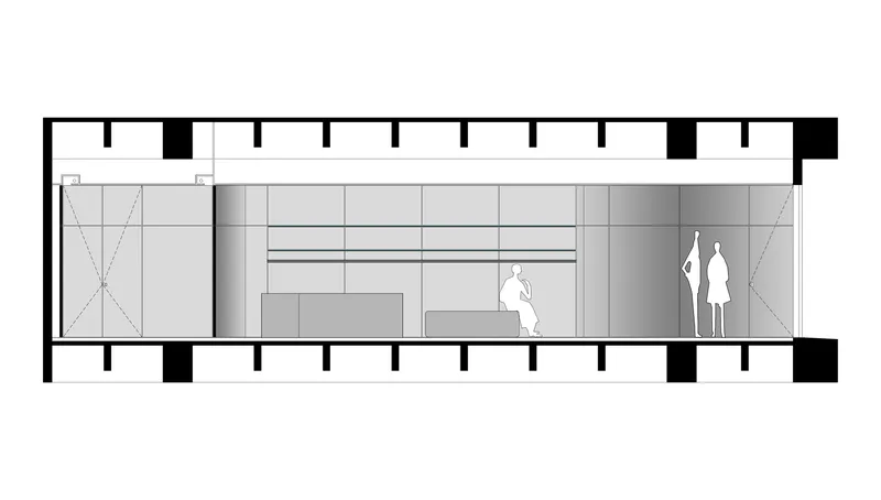 Section drawing showing retail interior layout with display walls and human figures for scale