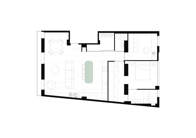 Floor plan drawing showing living spaces and two bedrooms in an angular layout