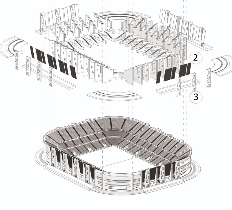 Exploded axonometric drawing showing structural frame, slatted roof system and curved facade assembly with labeled components
