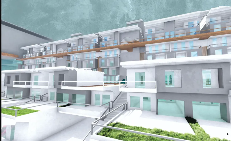 Rendered courtyard view of terraced housing units with white volumes, glass facades and planted green roofs