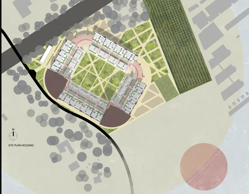 Site plan drawing showing curved housing block enclosing a central courtyard garden adjacent to an orchard