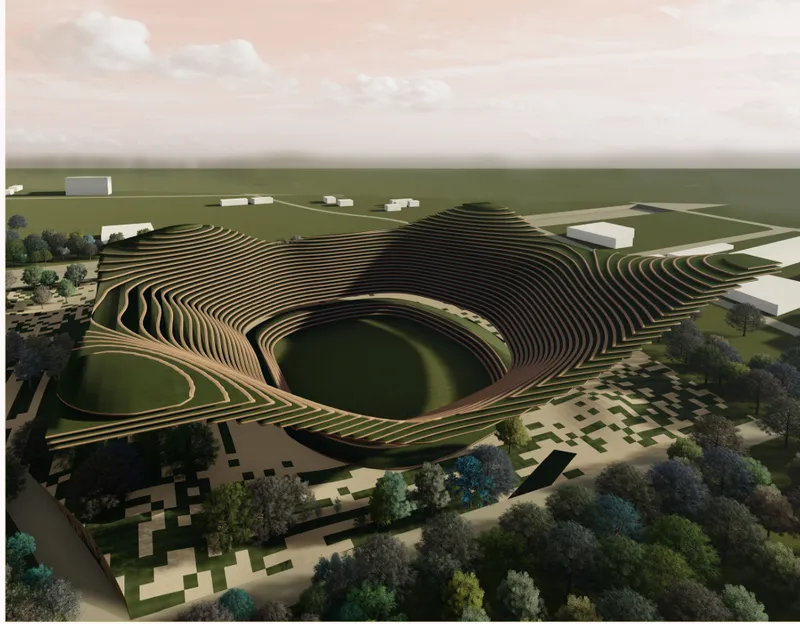Aerial view of the undulating laminated timber roof enclosing a central void with surrounding trees