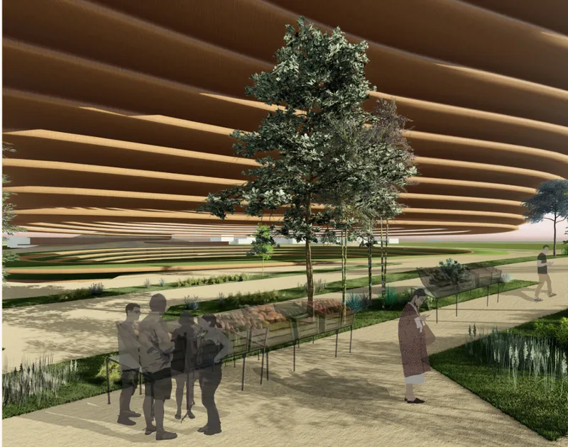 Ground-level view showing visitors walking past planted beds and trees beneath the laminated timber roof