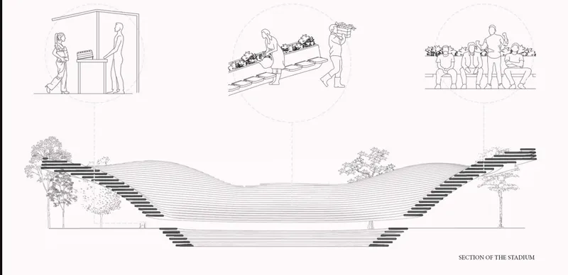 Section drawing showing the bowl-shaped profile with terraced seating and flanking trees