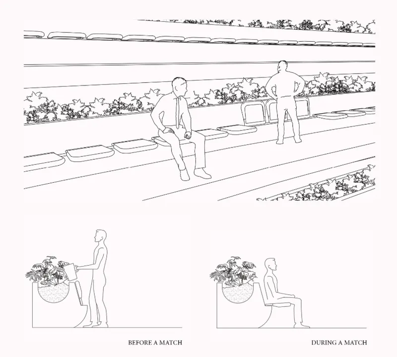 Sectional drawing showing tiered seating with planters and two detail vignettes of people standing and sitting