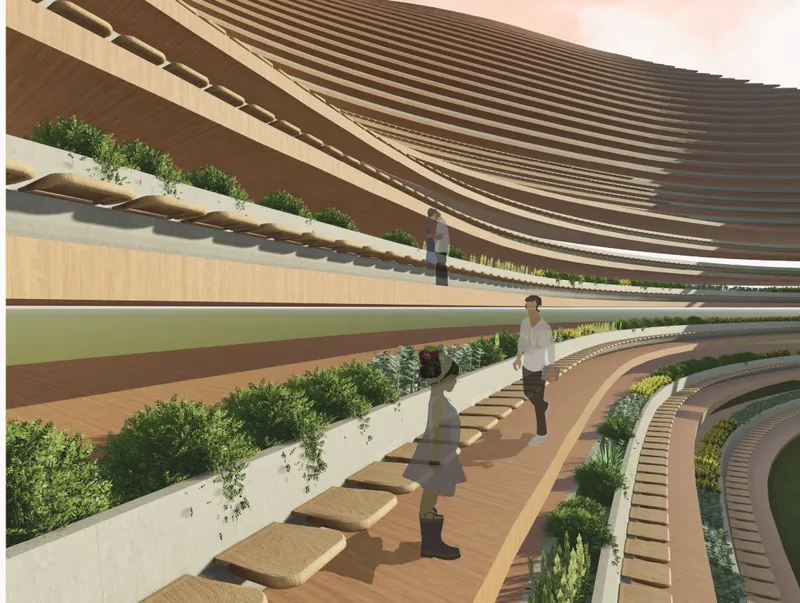 Interior promenade with terraced planting beds and curved wooden seating beneath horizontal laminated timber roof