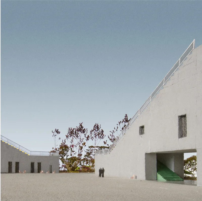 White rendered courtyard with exterior staircase, green interior steps, and planted trees under clear sky