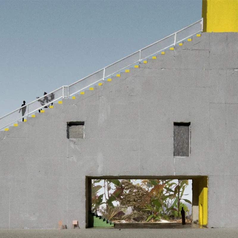 White facade with yellow accents flanking exterior staircase, framing view through opening to green interior and trees