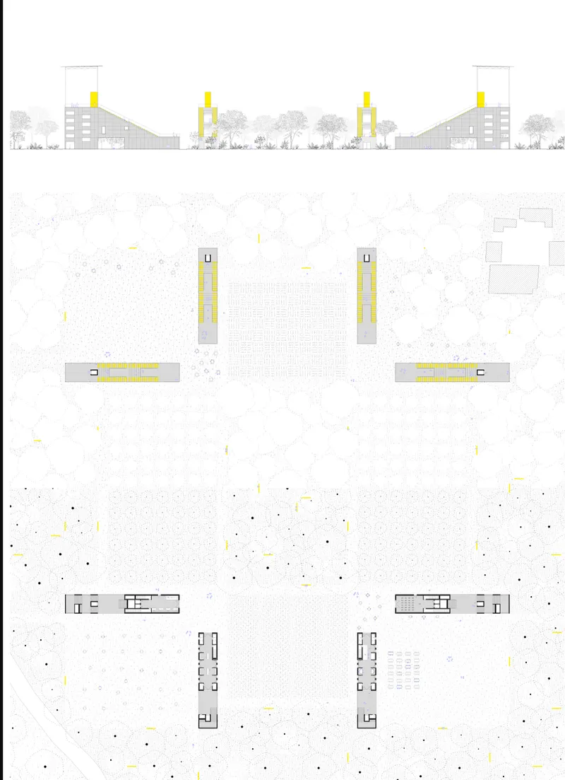 Site plan drawing showing mirrored buildings with yellow tower elements and central plaza