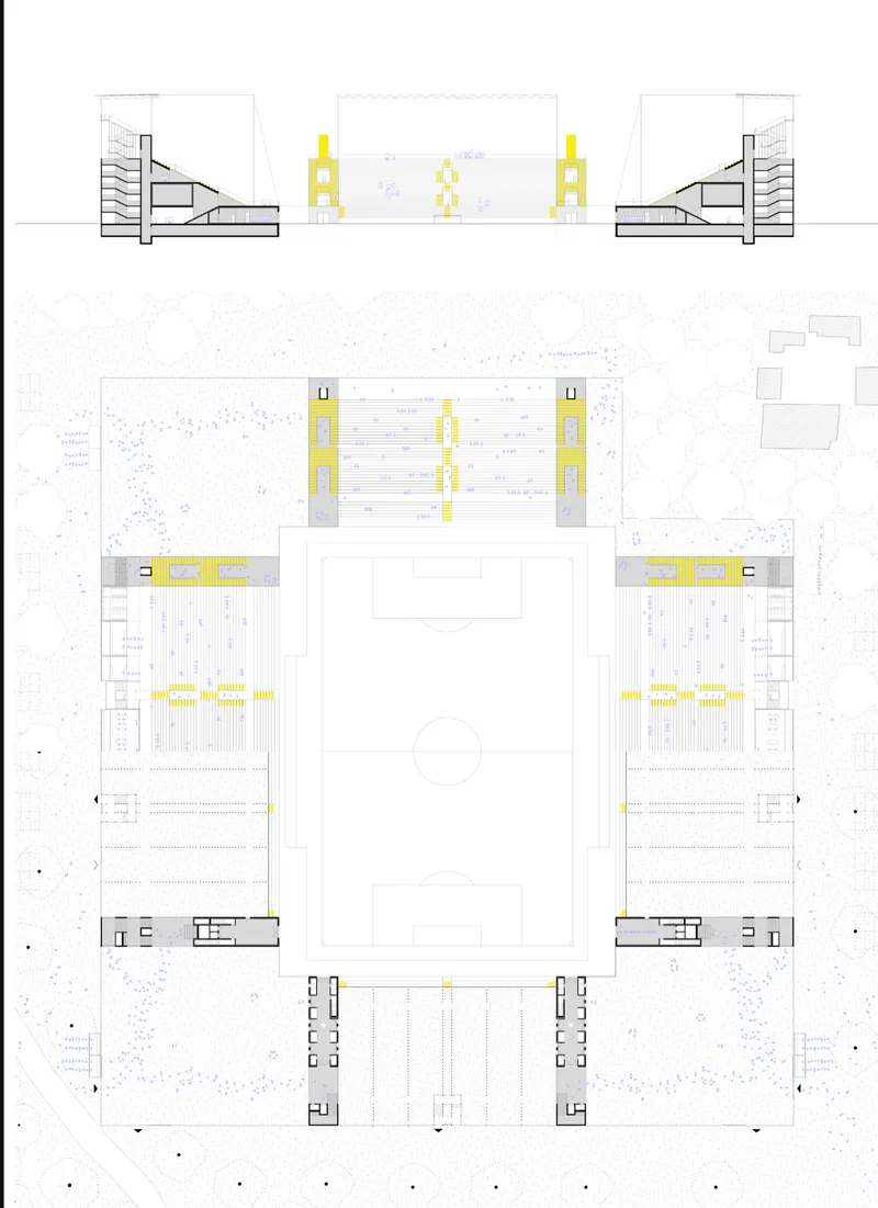Site plan drawing with section showing stadium seating, yellow towers, and symmetrical building layout