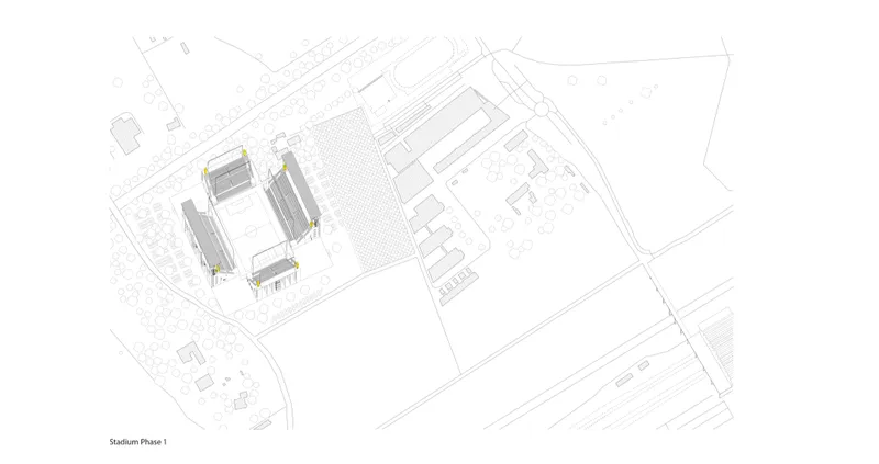 Axonometric site drawing showing stadium complex and surrounding structures within context of existing streets