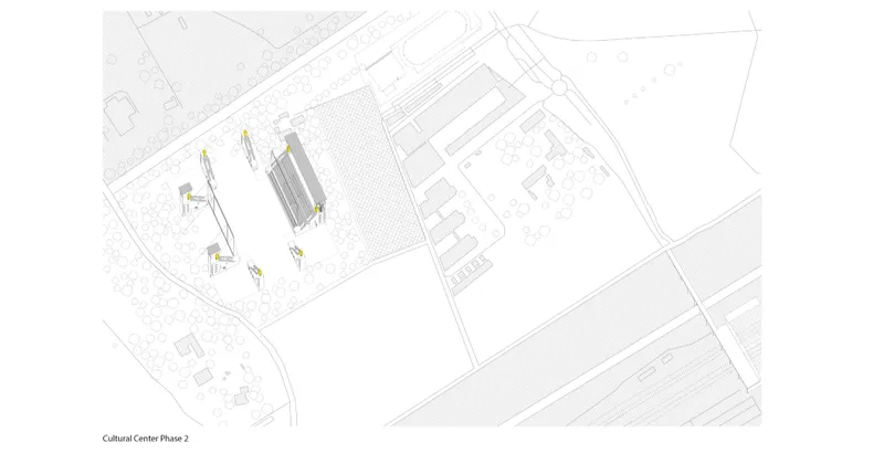 Axonometric site drawing showing cultural center buildings with yellow crane elements and open plaza