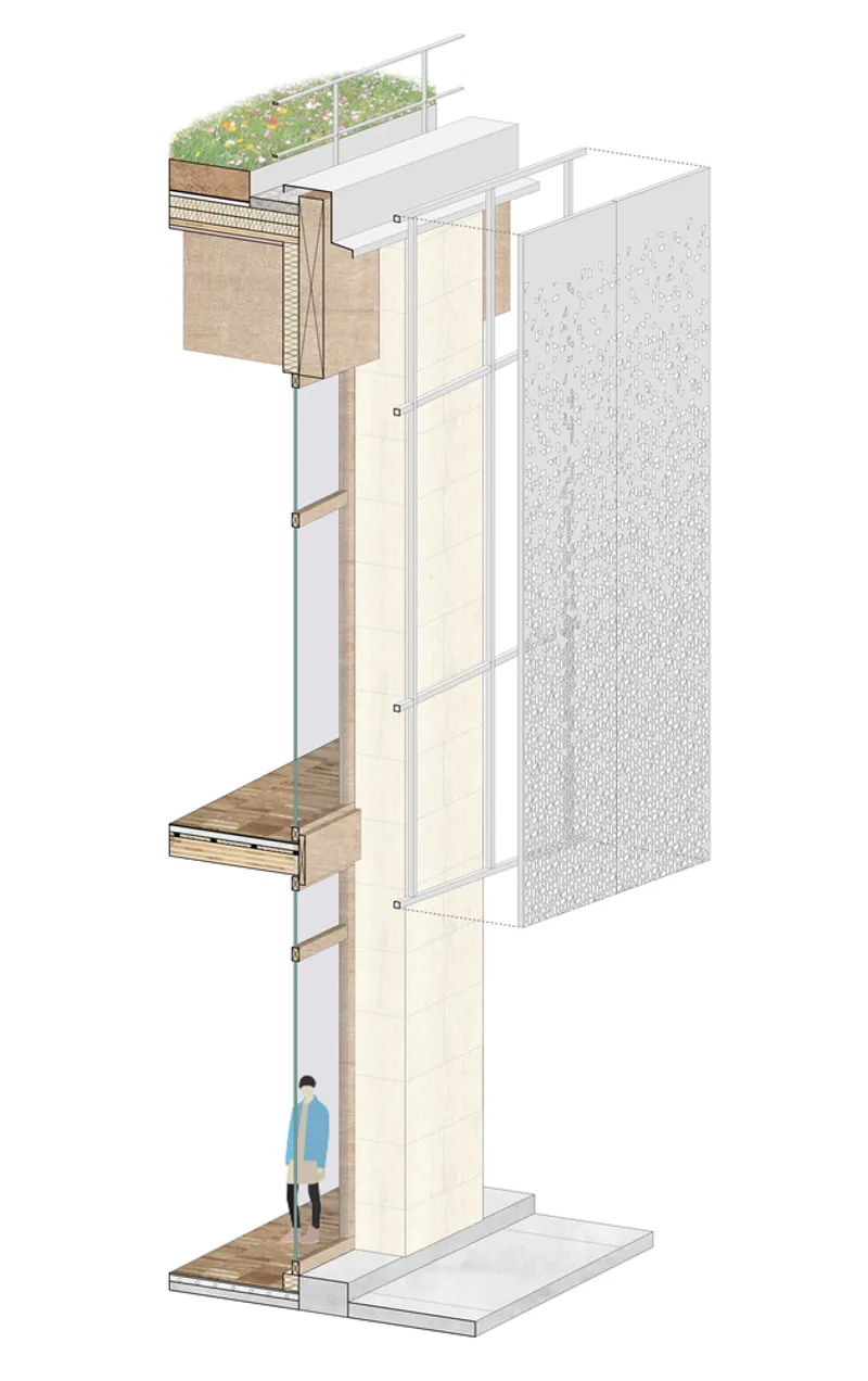 Axonometric drawing of a wall assembly showing timber framing, insulation layers, exterior cladding, and a green roof detail