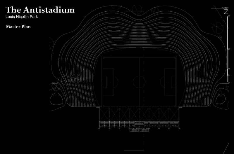 Site plan drawing showing the contoured seating bowl around the central football pitch with adjacent facilities