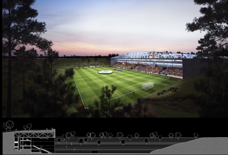 Rendering showing the illuminated grandstand along one edge of the football pitch at dusk