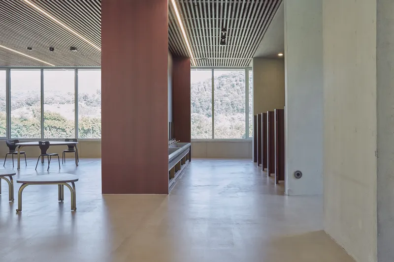 Interior corridor with maroon wall panels, slatted timber ceiling and full-height windows framing distant hills