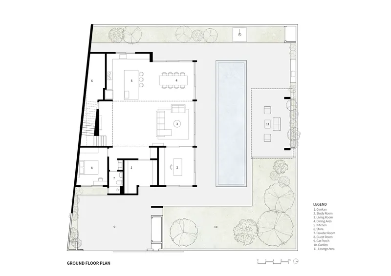 Ground floor plan drawing showing open living spaces organized around a central pool and garden