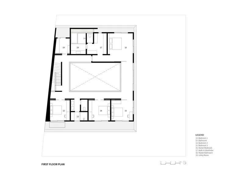 First floor plan drawing showing bedrooms arranged around a central void and balcony