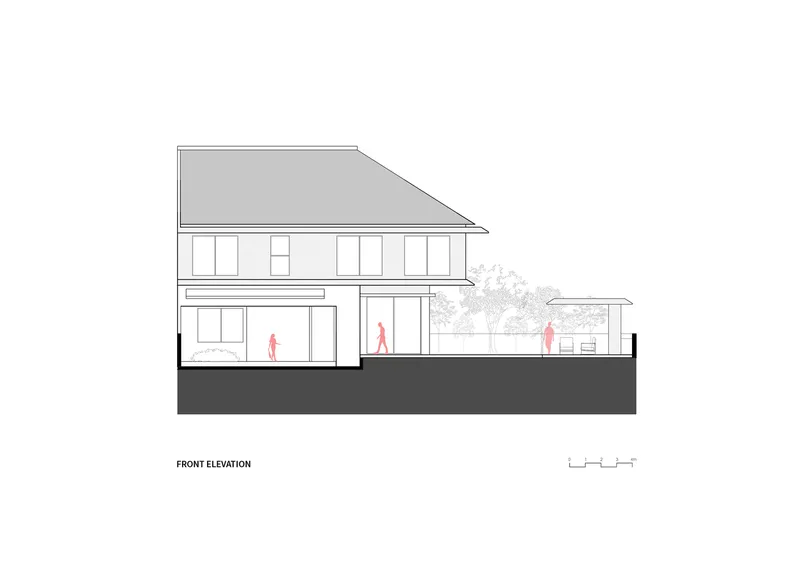 Front elevation drawing showing the two-story facade with figures indicating interior and exterior spaces