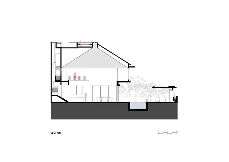 Section drawing showing a two-storey residence with a pitched roof and adjacent flat-roofed pavilion
