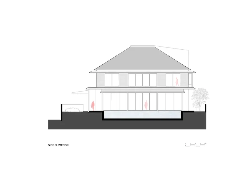Side elevation drawing depicting a hipped-roof structure with vertical fenestration and figures for scale
