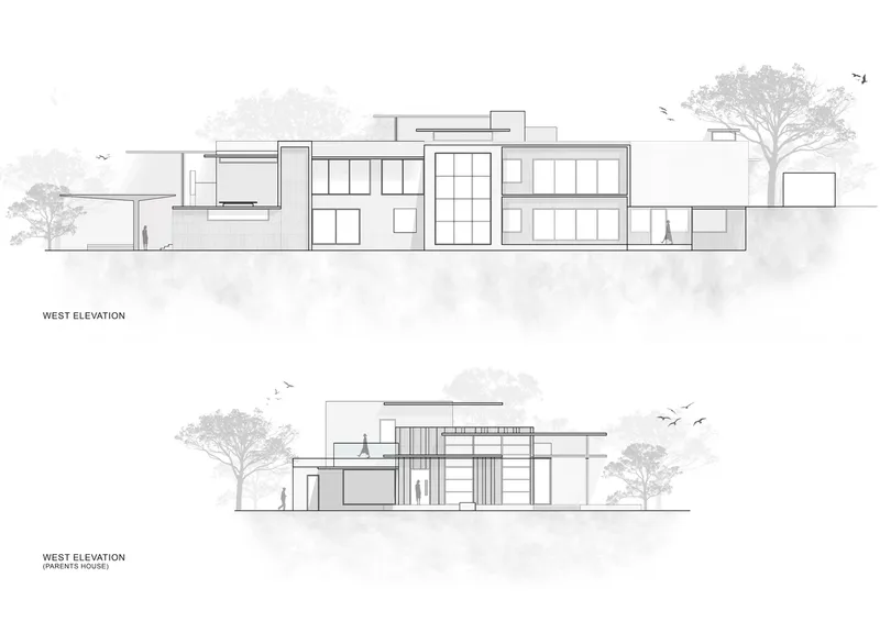 West elevation drawings showing the main residence and accessory structure with trees and figures for scale