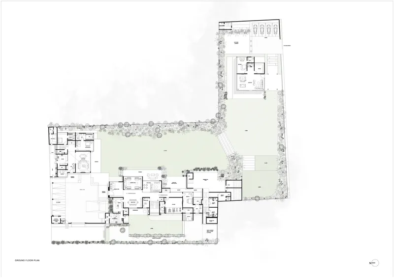 Ground floor plan drawing depicting room arrangements with central courtyard and planted edges