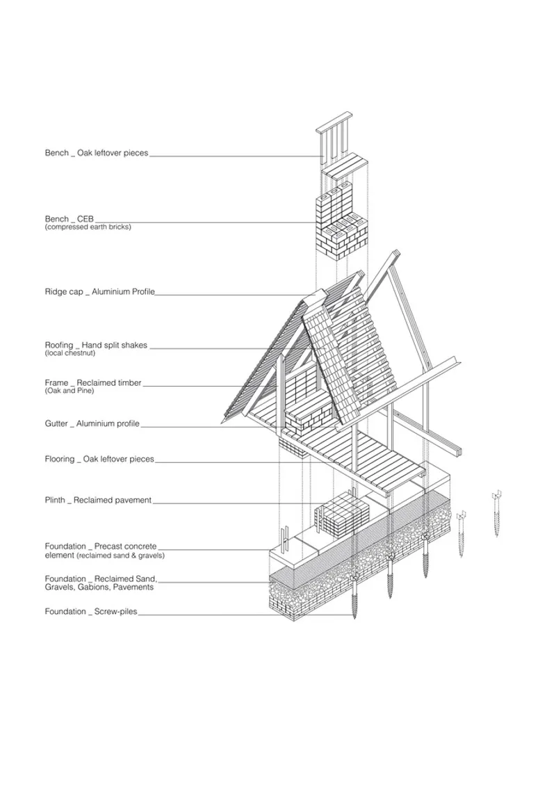 Exploded axonometric drawing showing materials and assembly layers from foundation screws to chimney bench