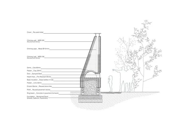 Section drawing showing the A-frame structure with material callouts and construction details annotated
