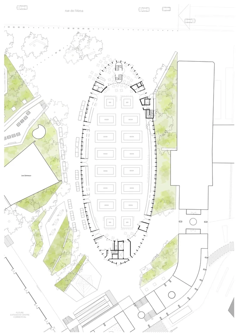 Site plan drawing of an oval building surrounded by green spaces and adjacent urban blocks