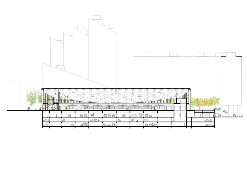 Longitudinal section drawing showing the diamond-patterned roof structure and multiple underground levels with trees flanking the entrance