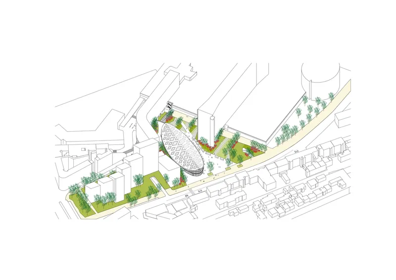 Axonometric drawing showing an oval structure with landscaping and surrounding buildings in line art with color accents