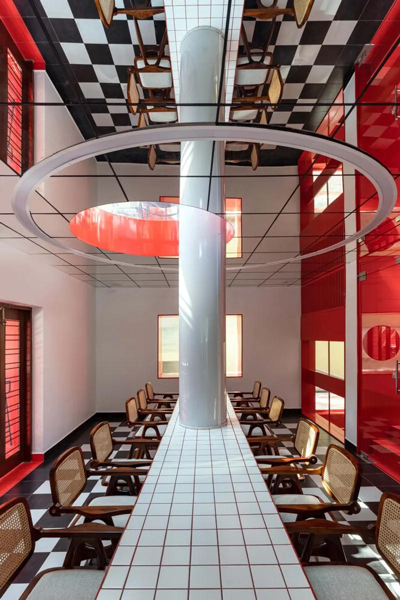 Dining area with white tile floor runner and cylindrical column beneath a circular ring skylight
