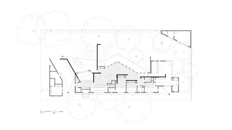 Floor plan drawing depicting the angled wing and central volumes with surrounding landscape