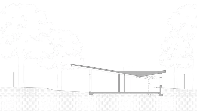 Section drawing showing the angled roof canopy supported by slender columns above grade
