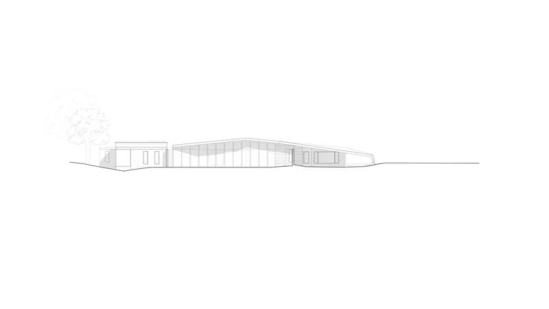 Elevation drawing of the low-slung structure with vaulted roof and flanking volumes