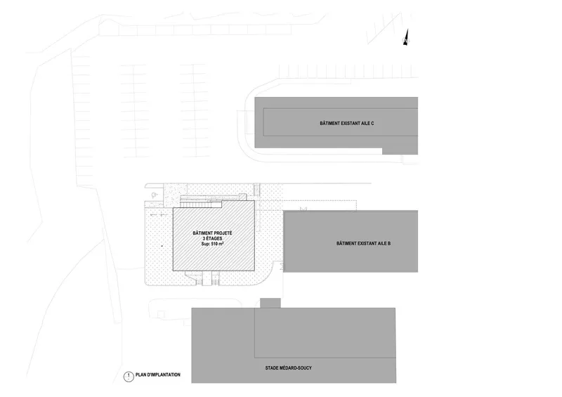 Site plan drawing showing the new volume positioned among three existing structures and landscape areas