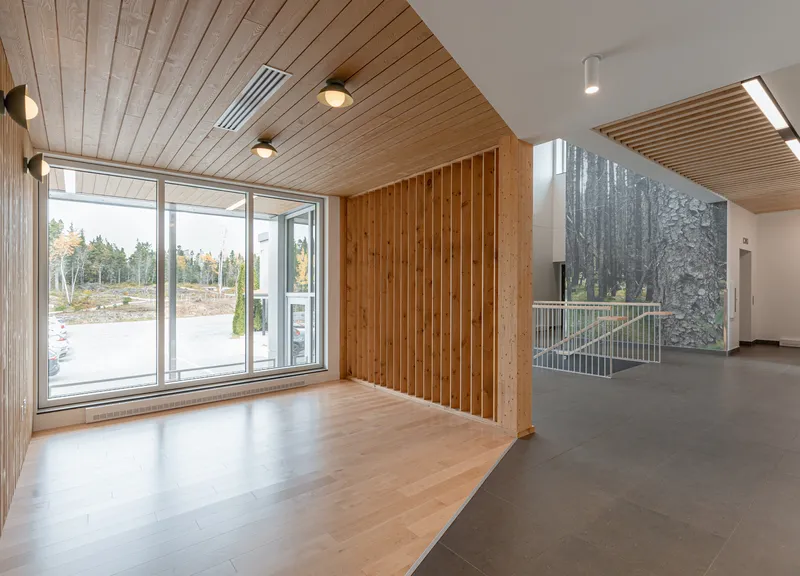 Interior room with sloped wood ceiling and corner glazing framing views of a wooded landscape