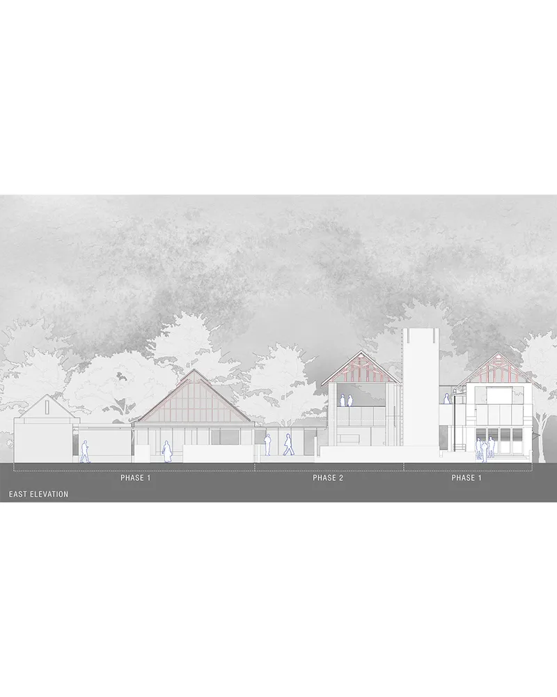 East elevation drawing showing gabled volumes and a tower across three phases with figures and trees