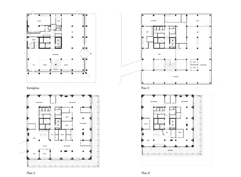 Floor plan drawings showing four levels with central service cores and open perimeter zones